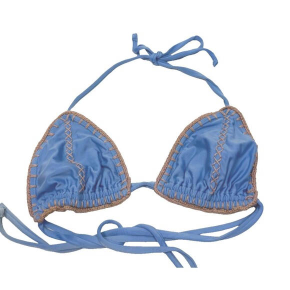 Crochet Boho Bikini Top Light Blue Triangle Swimwear Medium Festival Beachwear - Picture 1 of 4